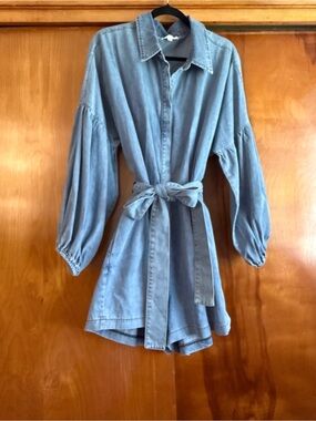 Light Blue Denim Shirt Romper with Tie Waist